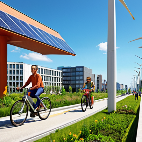 Home 11 **
A vibrant cityscape with green infrastructure: solar panels on rooftops, vertical gardens on buildings, and cyclists on dedicated bike lanes. In the background, wind turbines generate clean energy against a clear blue sky. Show people from diverse backgrounds interacting and enjoying this sustainable urban environment. Emphasis on hope and progress.
**