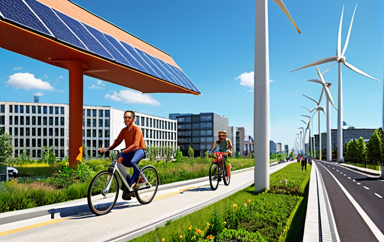 **
A vibrant cityscape with green infrastructure: solar panels on rooftops, vertical gardens on buildings, and cyclists on dedicated bike lanes. In the background, wind turbines generate clean energy against a clear blue sky. Show people from diverse backgrounds interacting and enjoying this sustainable urban environment. Emphasis on hope and progress.
**