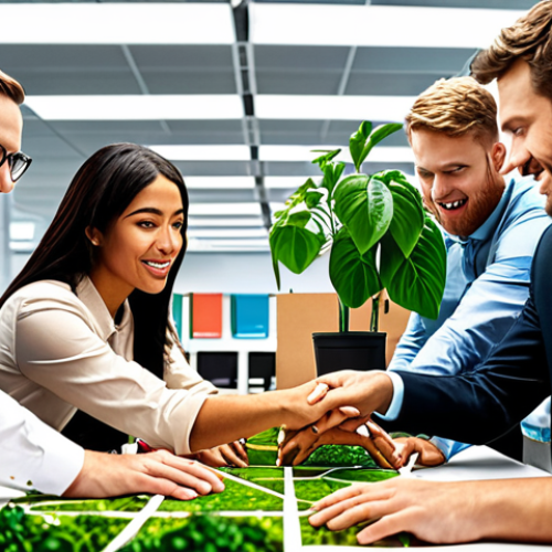 Home 6 **A vibrant image showing diverse employees collaborating on a sustainability project within a modern office, emphasizing teamwork and innovation. Focus on visual elements representing green technology and community engagement.**