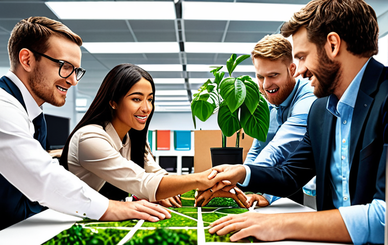 **A vibrant image showing diverse employees collaborating on a sustainability project within a modern office, emphasizing teamwork and innovation. Focus on visual elements representing green technology and community engagement.**