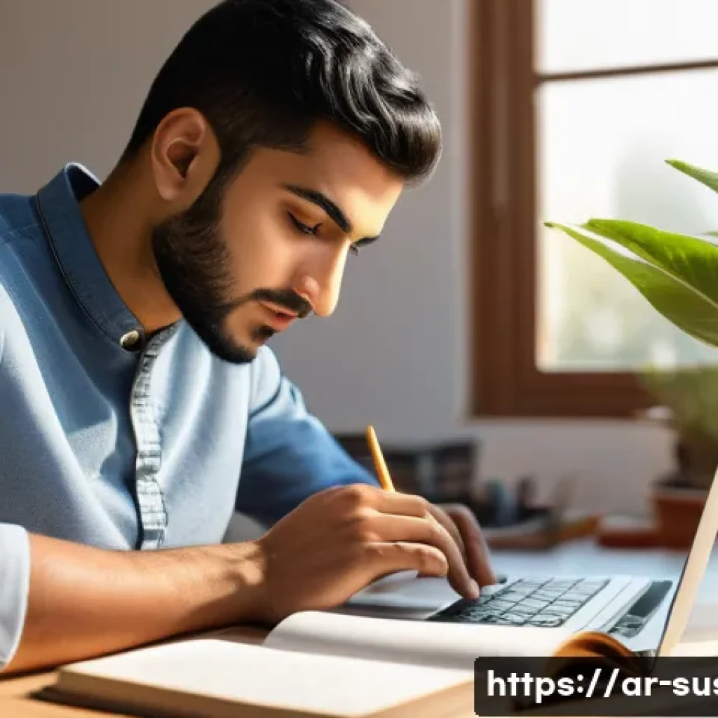 지속가능성 자격증 학습법 - A focused Arab male student studying sustainability early in the morning at a sunlit desk, surrounde...