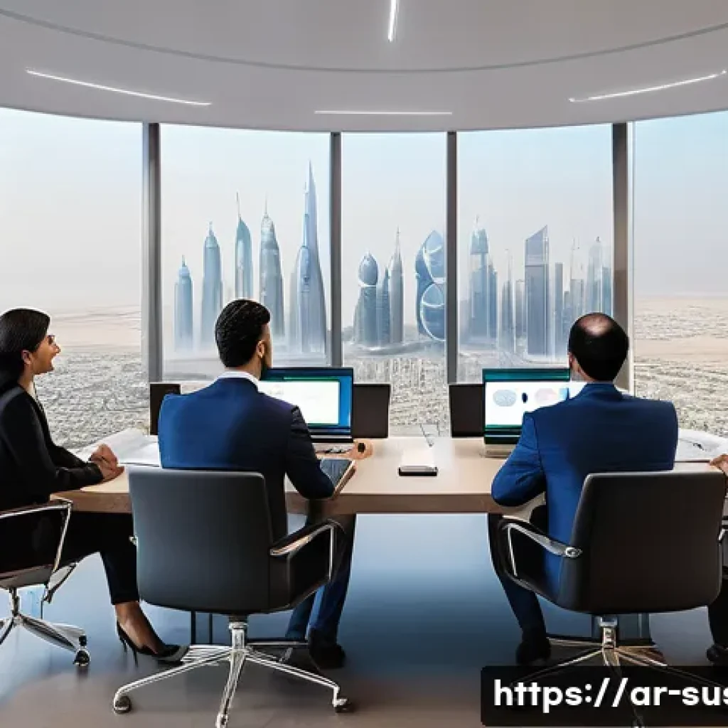 지속가능성 전문가의 직무 만족도 분석 - A modern corporate office environment in the Middle East, featuring a diverse team of sustainability...