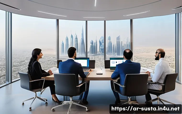 지속가능성 전문가의 직무 만족도 분석 - A modern corporate office environment in the Middle East, featuring a diverse team of sustainability...