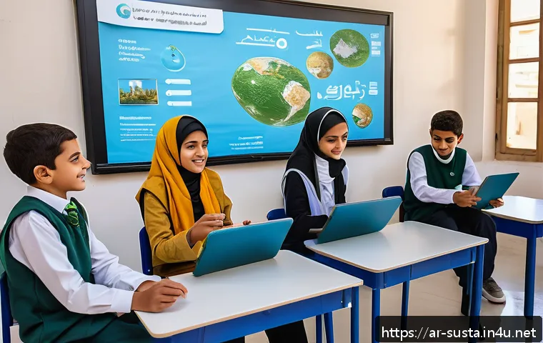 지속가능성 교육 프로그램 설계법 - A vibrant classroom scene in an Arab school where diverse students aged 10-15 engage enthusiasticall...