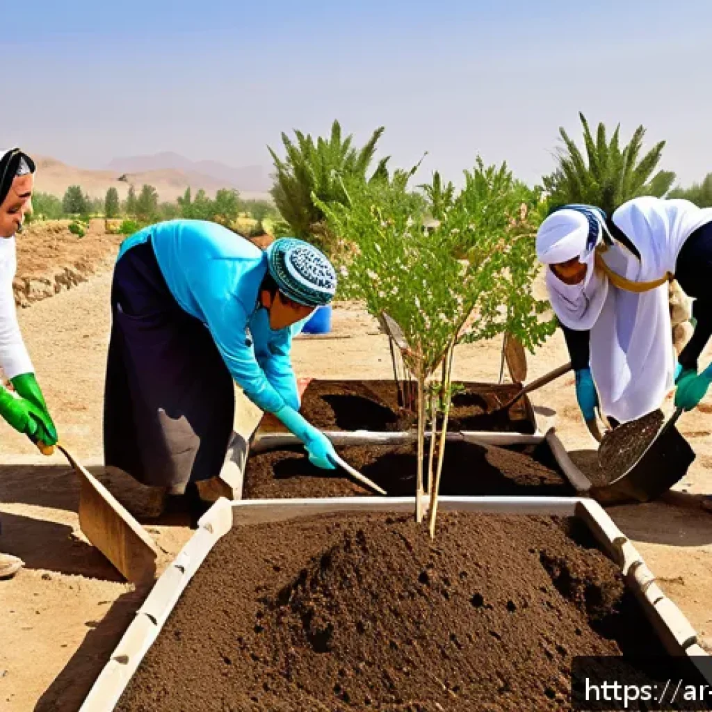 지속가능성 전문가의 지속 학습 전략 - A diverse group of Arabic-speaking environmental volunteers in traditional and modern modest clothin...
