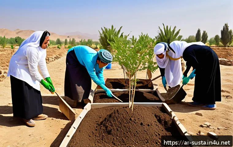 지속가능성 전문가의 지속 학습 전략 - A diverse group of Arabic-speaking environmental volunteers in traditional and modern modest clothin...