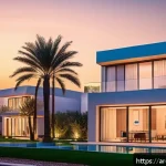 Home 23 지속가능성 분야의 트렌드와 전망 - A modern smart home in an Arab city at sunset, featuring sleek solar panels on the roof and advanced...