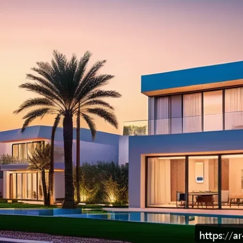 Home 17 지속가능성 분야의 트렌드와 전망 - A modern smart home in an Arab city at sunset, featuring sleek solar panels on the roof and advanced...