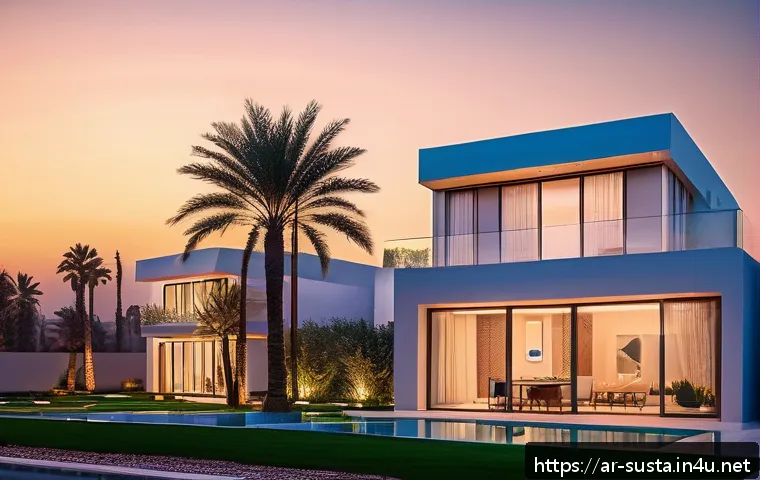 지속가능성 분야의 트렌드와 전망 - A modern smart home in an Arab city at sunset, featuring sleek solar panels on the roof and advanced...