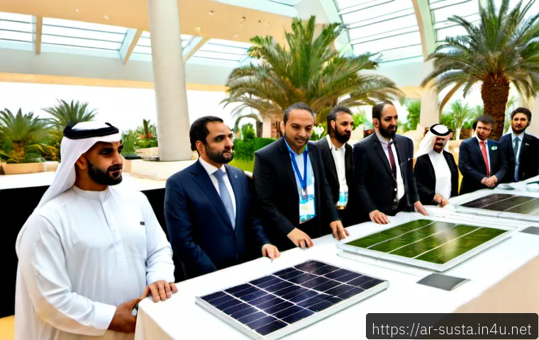 Home 17 지속가능성 전문가가 추천하는 컨퍼런스 - Photorealistic sustainable innovation conference in a modern Gulf city convention hall, diverse Arab...