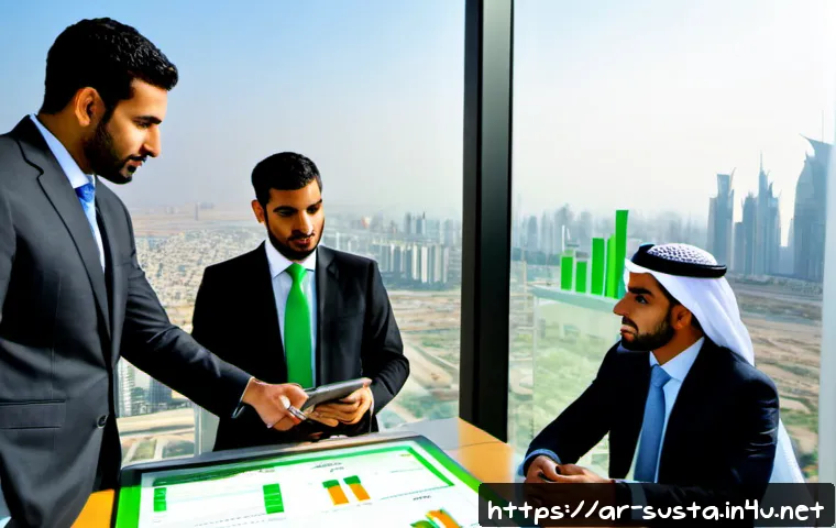 지속가능성과 녹색 금융 사례 - Photorealistic sustainable finance meeting in a modern Gulf Arab bank office, diverse Arab financial...