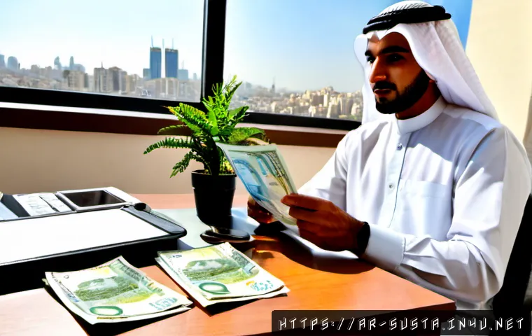 지속가능성 관련 연봉 분석 - Photorealistic salary analysis workspace in a modern Gulf Arab office, Arab sustainability professio...